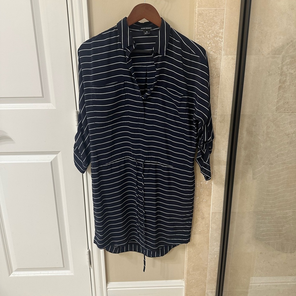 Club Monaco silk Navy and White Striped shirt dress loose fit